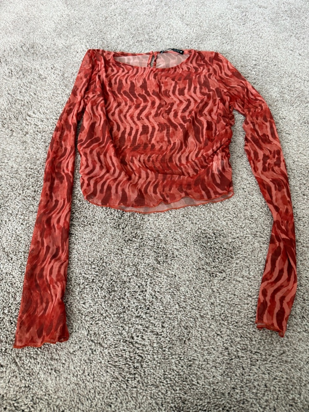 Zara Orange Wave-Print Animal-Print Sheer Long-Sleeve Top